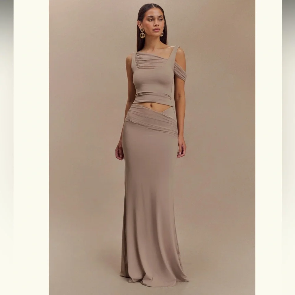 (SOLD) Meshki ~ Jules ~ Recycled Nylon And Mesh Maxi Skirt - Taupe - Picture 5 of 10